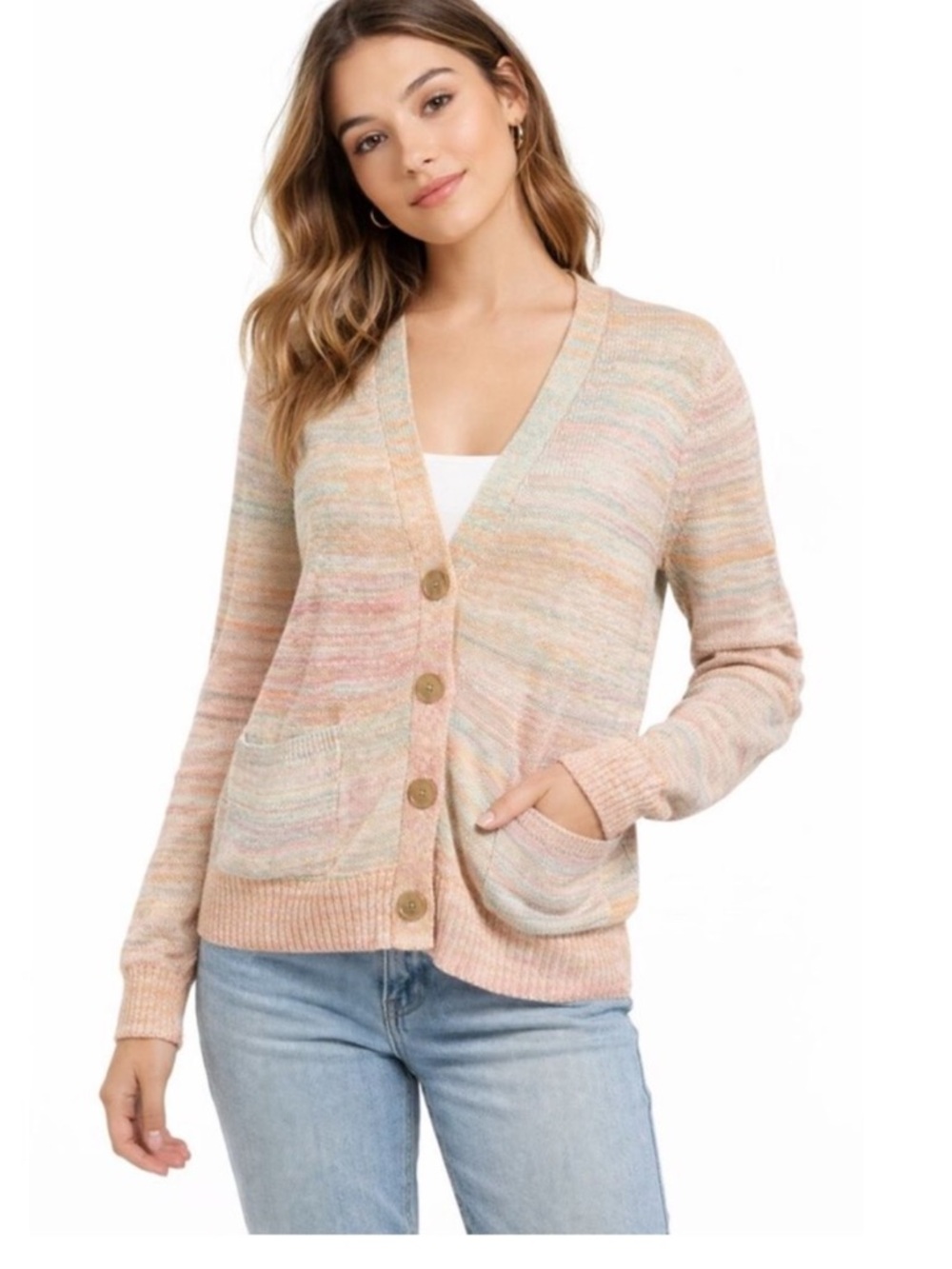 I. Crew Pastel Rainbow Multi-Stripe V-Neck Button Cardigan Sweater Size Small